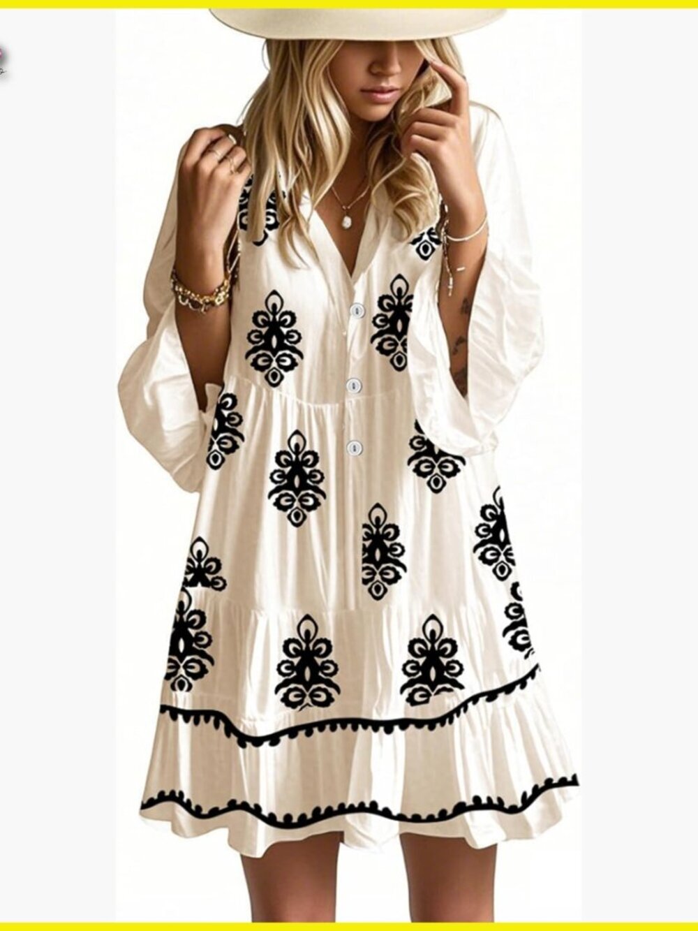 Flowy Ruffle 3/4 Sleeve V Neck Tiered Babydoll Boho Mini Dress Casual - Picture 1 of 4